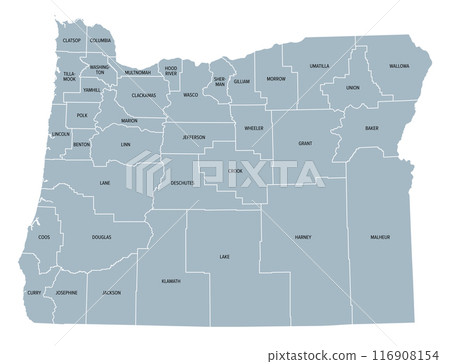 Oregon counties, gray political map with borders and county names. State in the Pacific Northwest region of the United States, subdivided into 36 counties. Nicknamed The Beaver State. Illustration. 116908154