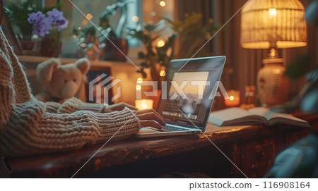 Girl working on laptop at home office. Work - life integration concepts. 116908164