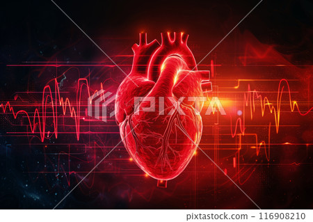 Human heart with cardio pulse line on abstract background 116908210