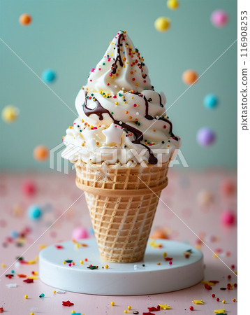 ice cream on podium in wafer style cone with chocolate swirl ice cream on podium in wafer style cone with chocolate swirl 116908253