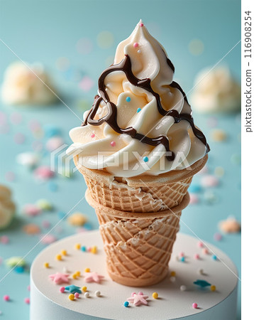ice cream on podium in wafer style cone with chocolate swirl ice cream on podium in wafer style cone with chocolate swirl 116908254