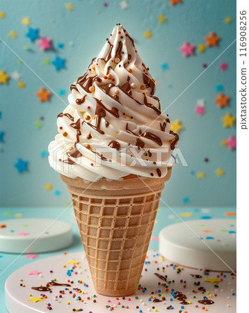 ice cream on podium in wafer style cone with chocolate swirl 116908256