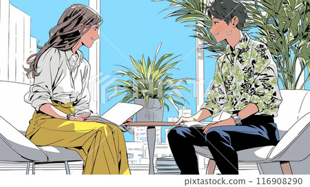 A young female employee and a male employee are having a meeting at a company 116908290