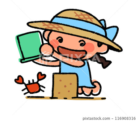 A girl playing on a sandy beach 116908316
