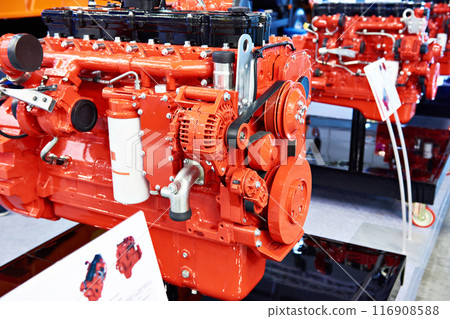 Red diesel engines for trucks on exhibition Red diesel engines for trucks on exhibition 116908588