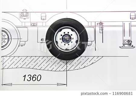 Wheel on background of truck drawing 116908681