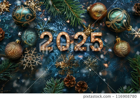 Festive golden 2025 new year's ornament decoration. Generative AI 116908780