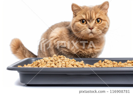 A ginger cat seating by the tray with cat litter on white background. Generative AI 116908781