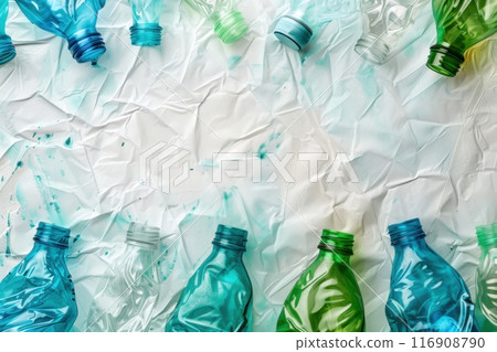 Crumpled white paper with empty plastic bottles, copy space. Generative AI 116908790