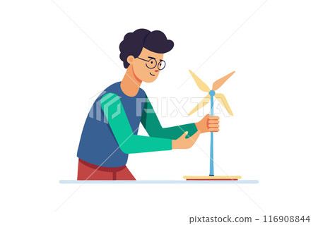 Illustration of man building wind turbine model for clean energy education Illustration of man building wind turbine model for clean energy education 116908844