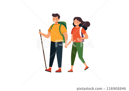 Smiling couple hiking together outdoors with backpacks and walking stick Smiling couple hiking together outdoors with backpacks and walking stick 116908846