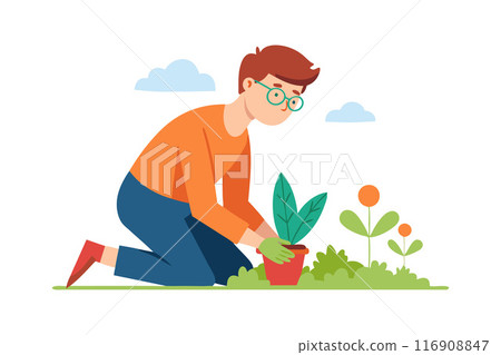 Illustration of man gardening with potted plant and blooming flowers in garden Illustration of man gardening with potted plant and blooming flowers in garden 116908847