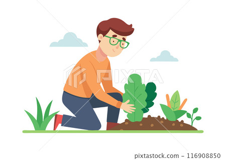 Illustration of a man gardening and planting vegetables in a garden Illustration of a man gardening and planting vegetables in a garden 116908850