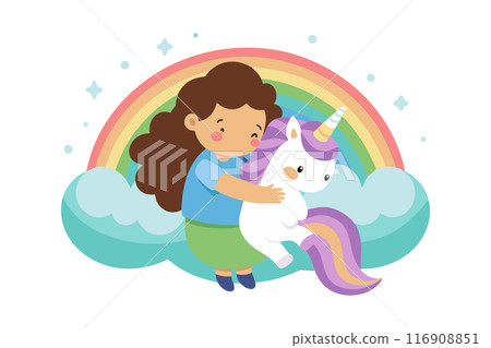 Cute cartoon girl hugging a unicorn with a rainbow background, showcasing fantasy and friendship 116908851
