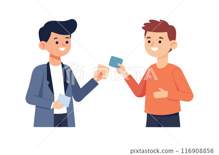Two young men exchanging business cards in an animated style 116908856