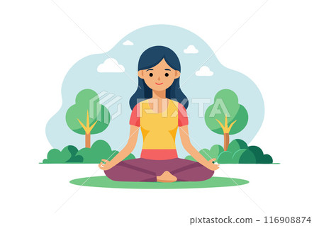 Illustration of a woman practicing yoga in a peaceful outdoor setting with trees and clouds Illustration of a woman practicing yoga in a peaceful outdoor setting with trees and clouds 116908874