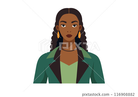 Illustration of a confident woman with long curly hair, golden earrings, and a green blazer Illustration of a confident woman with long curly hair, golden earrings, and a green blazer 116908882