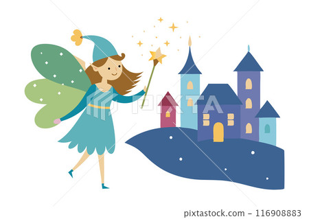 Illustration of a fairy with a magic wand in front of whimsical castle 116908883