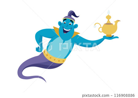 Colorful cartoon genie holding a magic lamp, cheerful and friendly character. Colorful cartoon genie holding a magic lamp, cheerful and friendly character. 116908886
