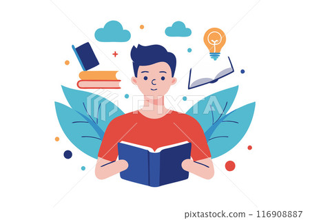 Young man reading book with creative illustration of ideas and books around Young man reading book with creative illustration of ideas and books around 116908887
