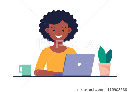 Smiling woman working on laptop at home. Concept of remote work. Smiling woman working on laptop at home. Concept of remote work. 116908888