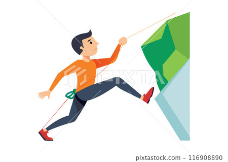 Illustration of a man rock climbing with safety rope and gear on a steep cliff Illustration of a man rock climbing with safety rope and gear on a steep cliff 116908890