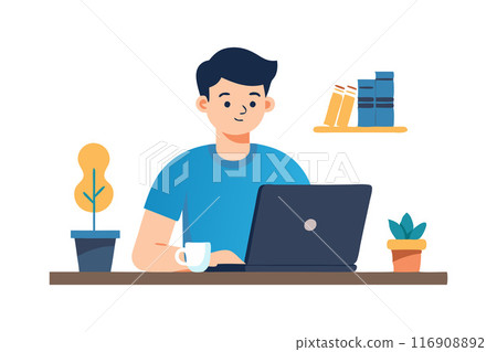 Cartoon man working on laptop at desk with coffee, plants, and books in home office 116908892