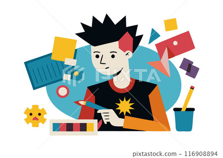 Colorful illustrated character with geometric shapes and art supplies around 116908894