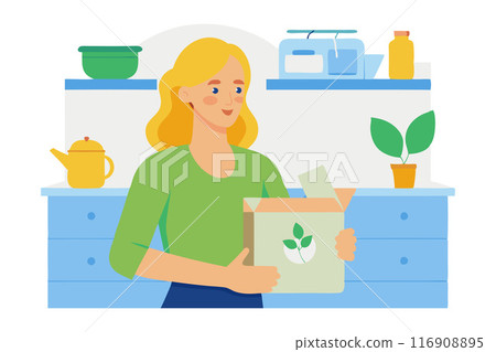 Happy woman unboxing eco-friendly products in kitchen environment with green accents Happy woman unboxing eco-friendly products in kitchen environment with green accents 116908895