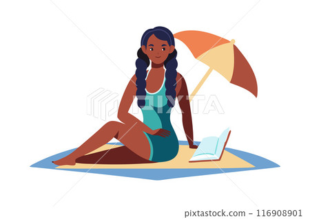 Woman relaxing on a beach with a book and umbrella on a sunny day 116908901