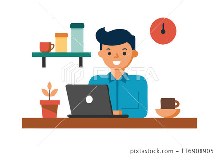 Illustration of a man working on a laptop at a desk in a cozy home office setup Illustration of a man working on a laptop at a desk in a cozy home office setup 116908905