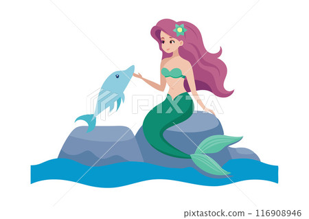 Cartoon mermaid with long hair sitting on a rock and interacting with a friendly dolphin Cartoon mermaid with long hair sitting on a rock and interacting with a friendly dolphin 116908946