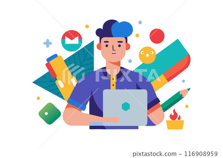 Young man working on laptop with vibrant abstract background elements 116908959
