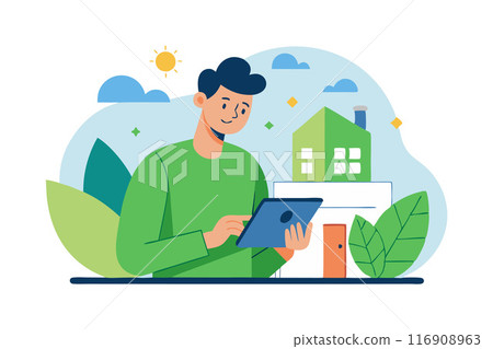 Smiling man using tablet with eco-friendly house and nature background, green technology, sustainable living Smiling man using tablet with eco-friendly house and nature background, green technology, sustainable living 116908963