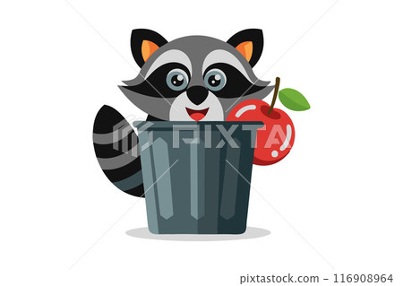 Cute cartoon raccoon with a red apple in a trash can, isolated on white background 116908964