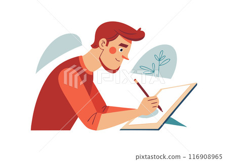 Illustration of a man drawing on a tablet with focus and creativity 116908965