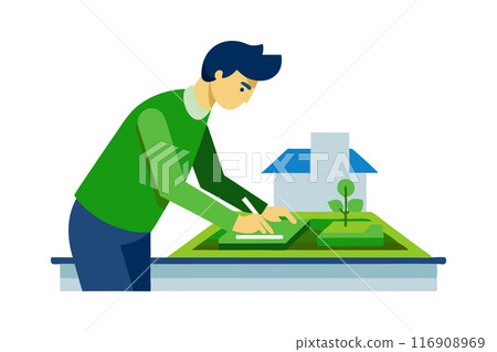 Illustration of man drawing architectural design for residential project with house model 116908969