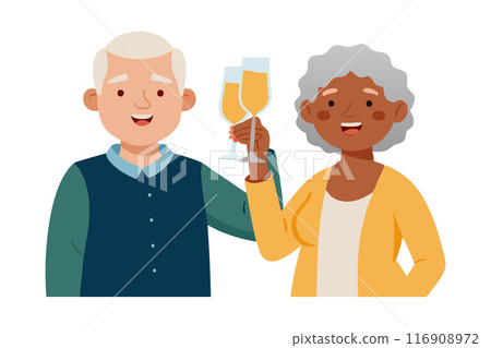 Happy senior couple celebrating with champagne glasses, toast and happiness 116908972