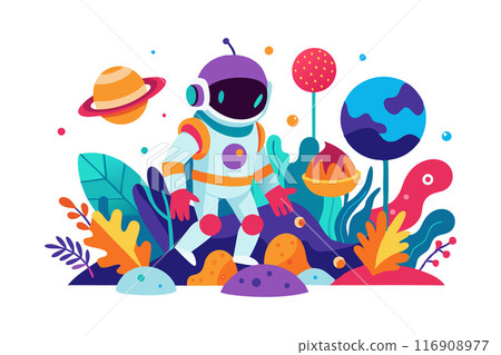 Colorful illustration of an astronaut exploring a vibrant alien planet with whimsical scenery 116908977