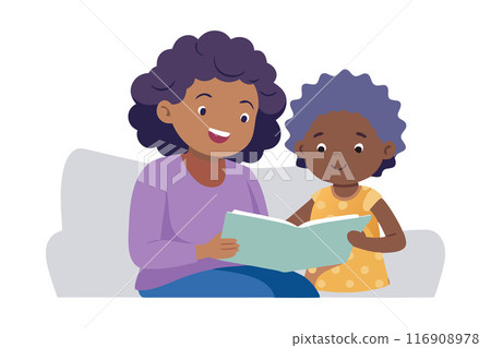 Mother and daughter reading book together on sofa, family bonding and education concept 116908978
