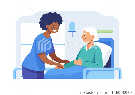 Nurse providing care and support to elderly patient in hospital bed 116908979
