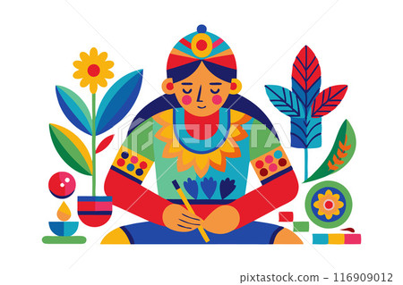 Colorful illustration of a person creating art surrounded by decorative plants and geometric shapes Colorful illustration of a person creating art surrounded by decorative plants and geometric shapes 116909012