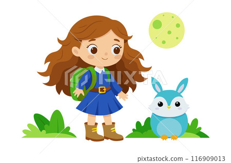 Cute cartoon girl with a backpack and rabbit under the moon 116909013