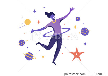Surreal illustration of a woman hula hooping among vibrant planets and stars in space Surreal illustration of a woman hula hooping among vibrant planets and stars in space 116909019