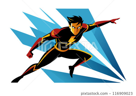 Dynamic illustration of a superhero in action with lightning bolt emblem Dynamic illustration of a superhero in action with lightning bolt emblem 116909023