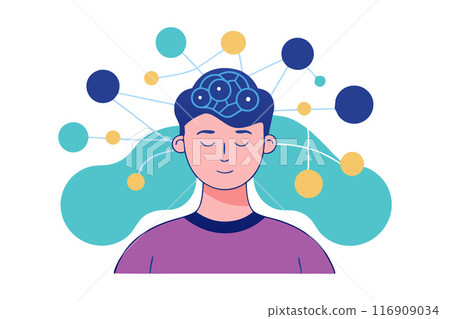 Illustration of a person with a connected brain, representing thinking, creativity, and mental health 116909034