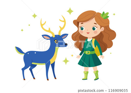 Cute cartoon girl and blue reindeer illustration with sparkling details on a white background 116909035