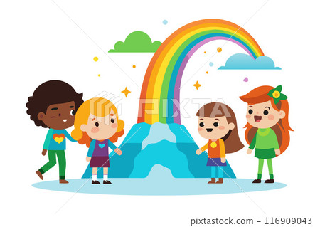 Illustration of happy children enjoying a rainbow in a whimsical landscape 116909043