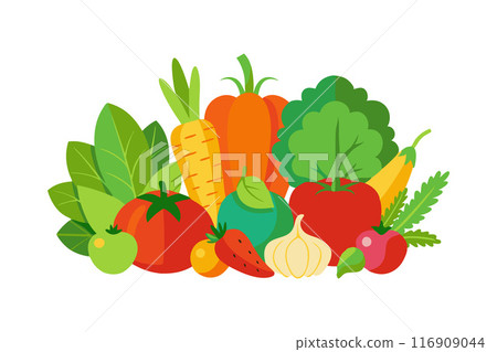 Colorful collection of fresh fruits and vegetables in flat style illustration Colorful collection of fresh fruits and vegetables in flat style illustration 116909044
