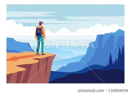 Illustration of hiker on mountain cliff enjoying scenic view of nature and serene landscapes 116909059